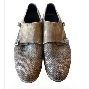 EVC Brown Woven Leather Double Monk Italian Made Mens Shoes Size 45 (11.5)